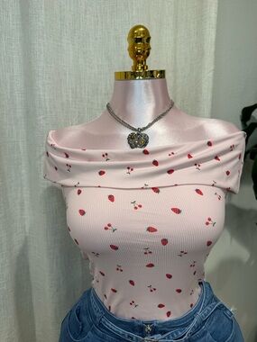 Pink Off-Shoulder Strawberry Print Top